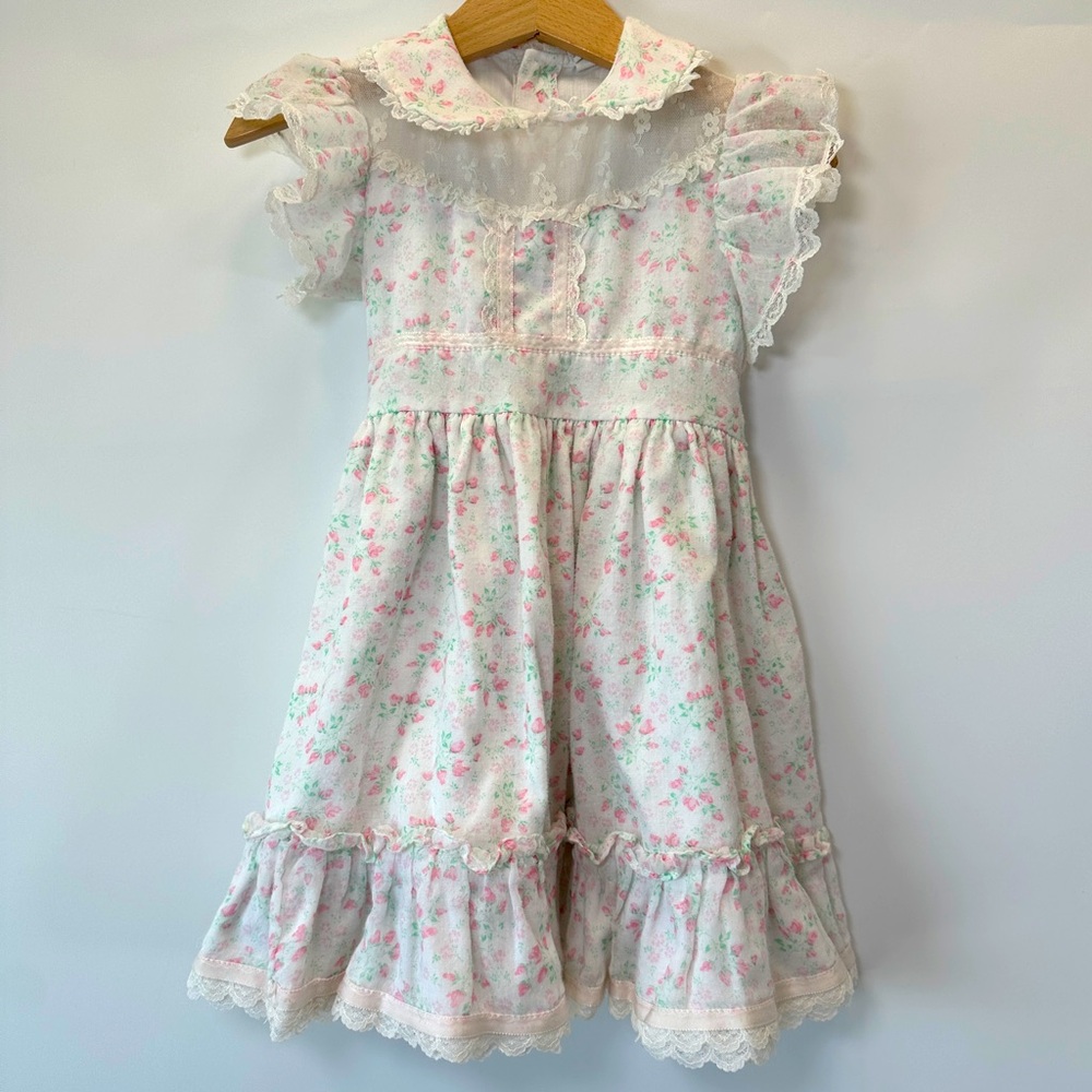 VTG Bryan Pinafore Dress White Pink Flowers Lace Swiss Dot Girls 4 Made‎ In USA